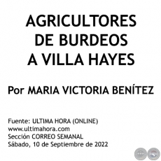 AGRICULTORES DE BURDEOS A VILLA HAYES - Por MARIA VICTORIA BENÍTEZ MARTÍNEZ - Sábado, 10 de Septiembre de 2022